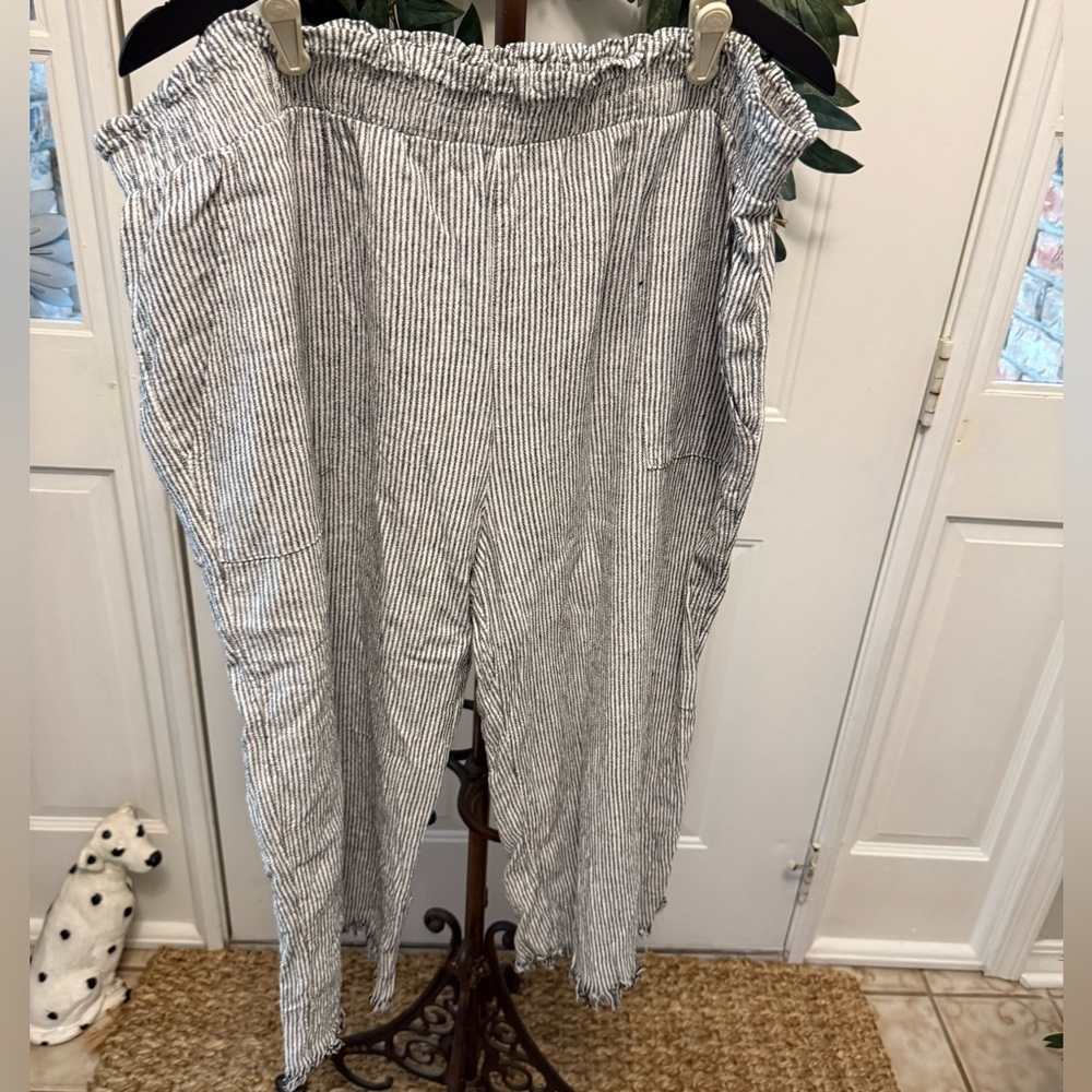Coastal Pinstripe Vertical Stripe Linen Cropped High Rise Pants XXXL 22